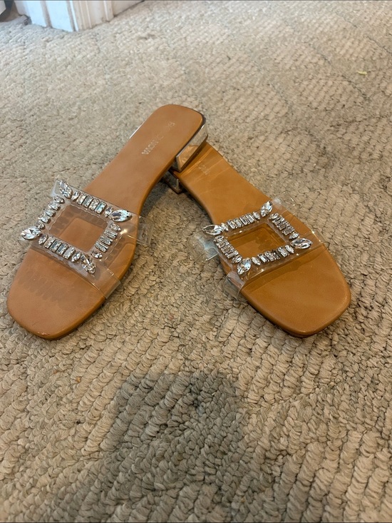 Fashion Nova Shoes - Fashion Nova Tan Slide Sandals with Clear Crystal Buckle